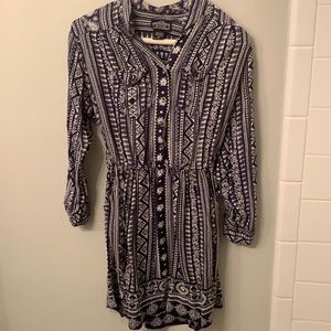 Angie patterned dress in navy blue and white, size small.